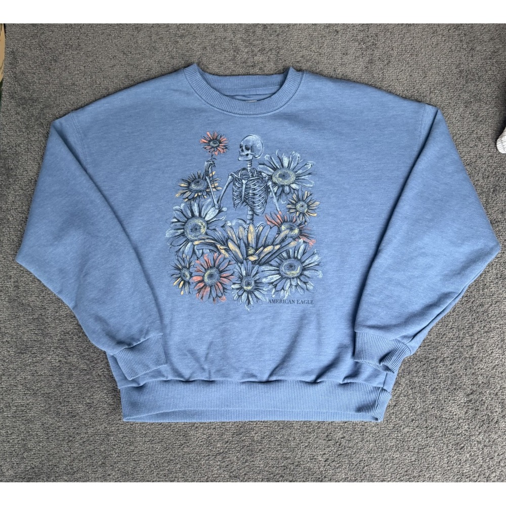 American Eagle Blue Skeleton Floral Graphic Crewneck Sweatshirt Medium Womens
